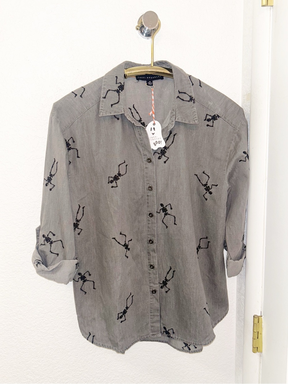 NwT JANE + DELANCY The Embroidered Skeletons Button Down Shirt in Grey SZ: XS